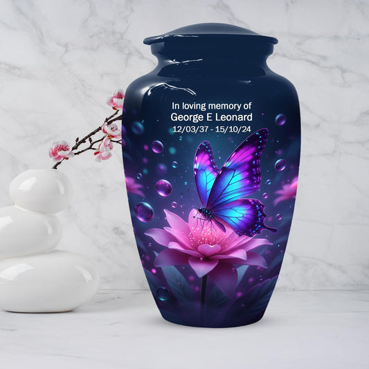 Blue Butterfly Personalized Urn For Ashes - Pink Lotus Cremation Urns | Keepsake & Large