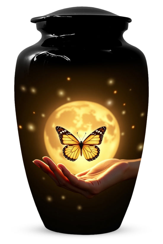 Yellow Butterfly Urn With Personalization, Moon Urn For Ashes, Decorative Keepsake