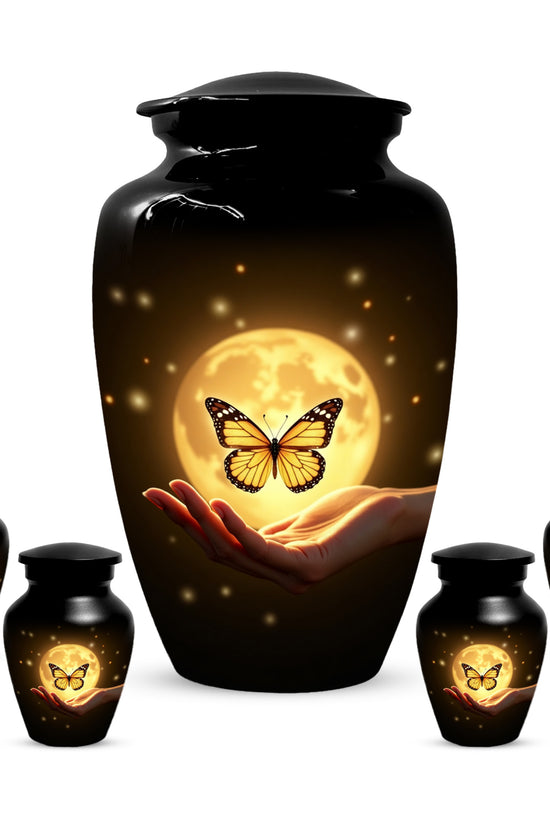 Yellow Butterfly Urn With Personalization, Moon Urn For Ashes, Decorative Keepsake