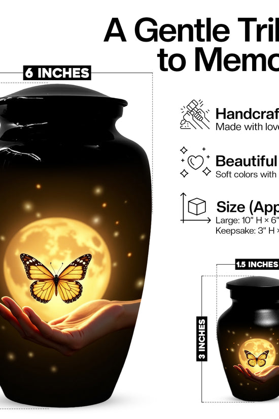 Yellow Butterfly Urn With Personalization, Moon Urn For Ashes, Decorative Keepsake