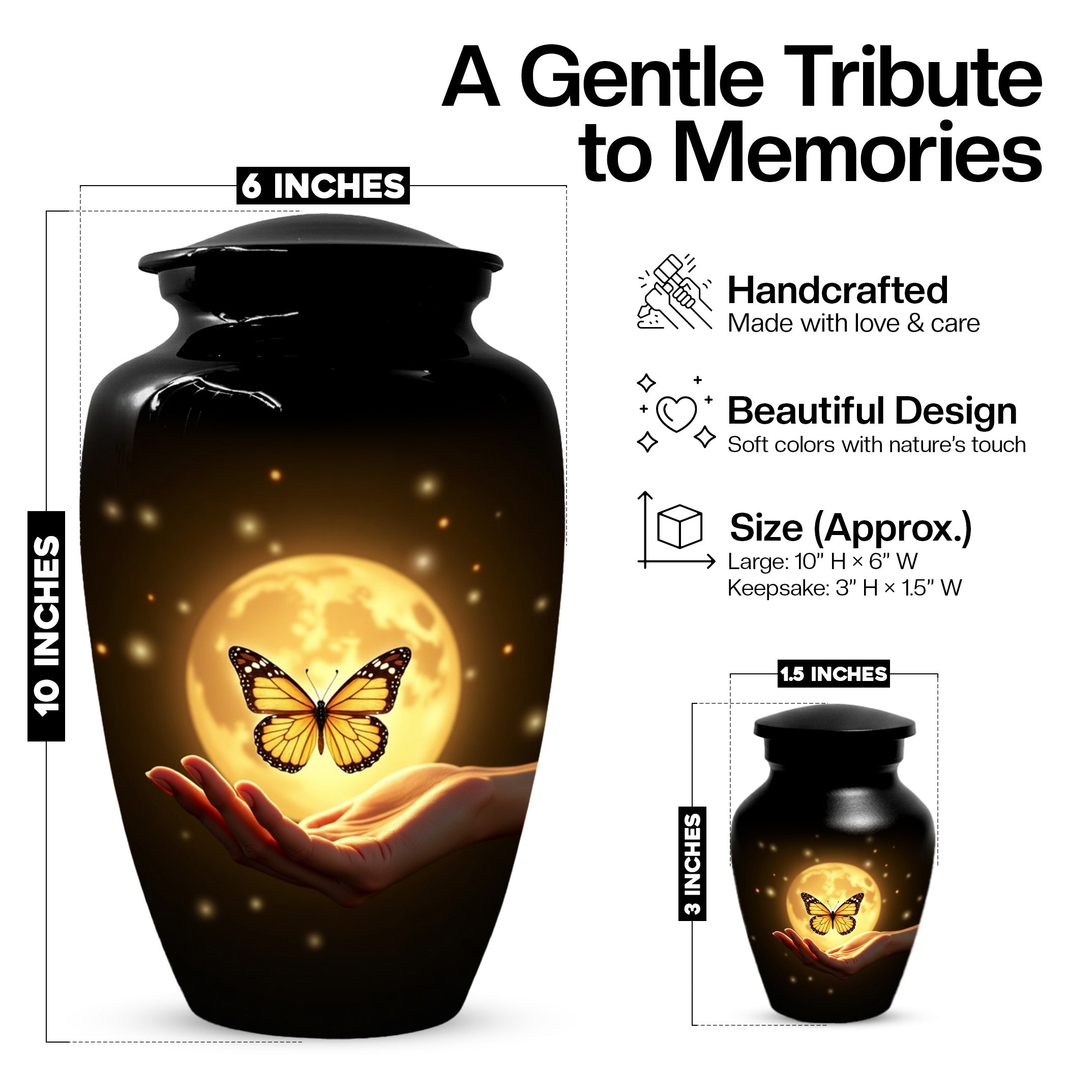 Yellow Butterfly Urn With Personalization, Moon Urn For Ashes, Decorative Keepsake