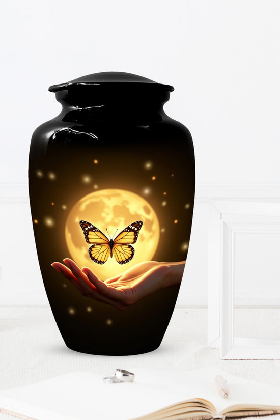 Yellow Butterfly Urn With Personalization, Moon Urn For Ashes, Decorative Keepsake