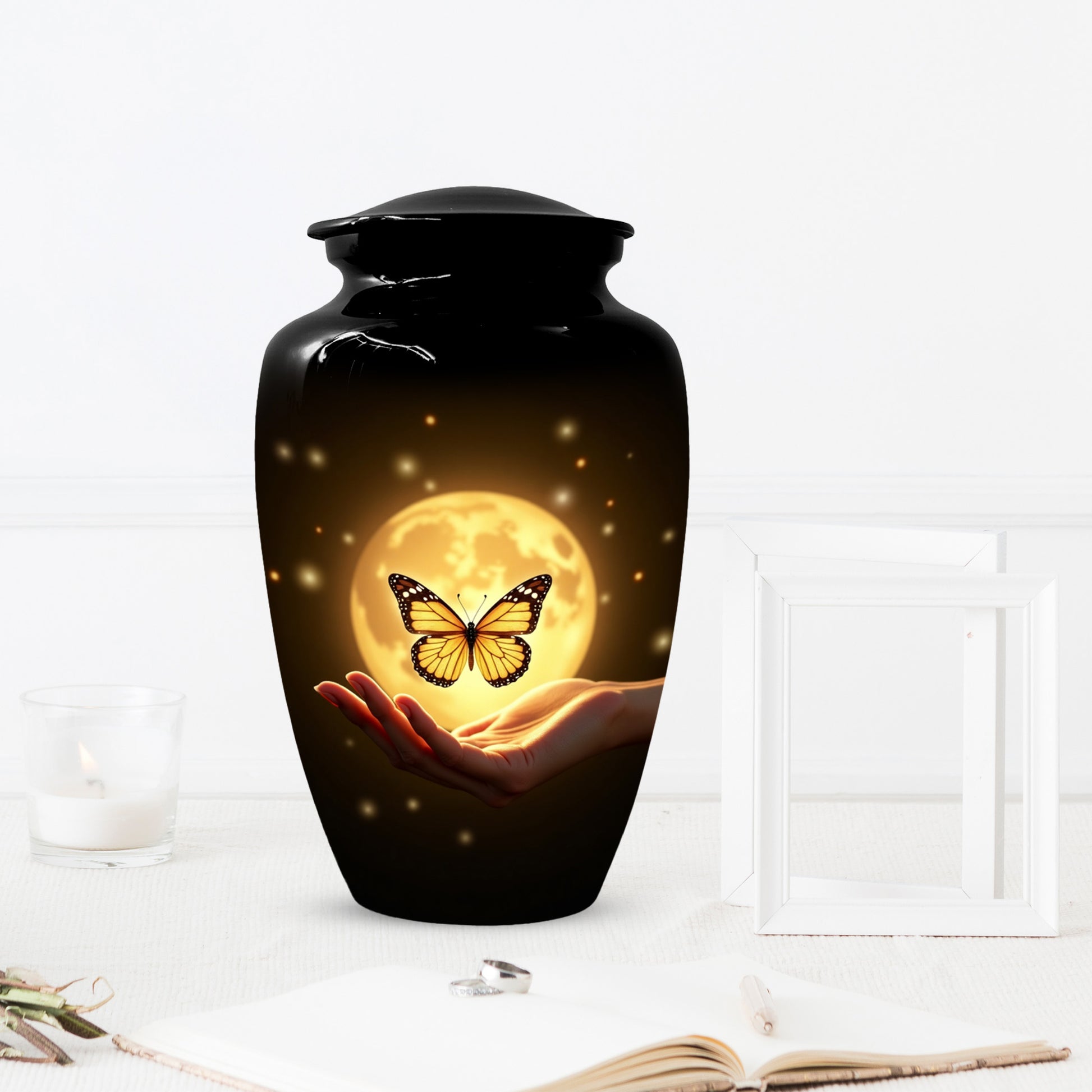 Yellow Butterfly Urn With Personalization, Moon Urn For Ashes, Decorative Keepsake