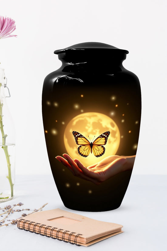 Yellow Butterfly Urn With Personalization, Moon Urn For Ashes, Decorative Keepsake
