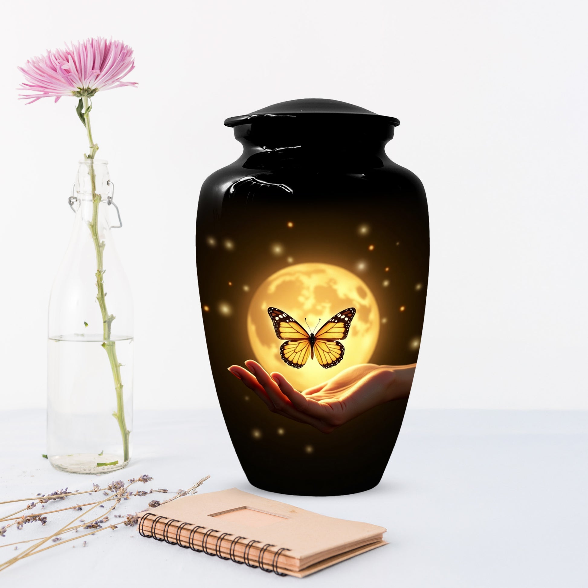 Yellow Butterfly Urn With Personalization, Moon Urn For Ashes, Decorative Keepsake
