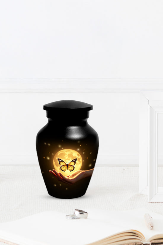 Yellow Butterfly Urn With Personalization, Moon Urn For Ashes, Decorative Keepsake