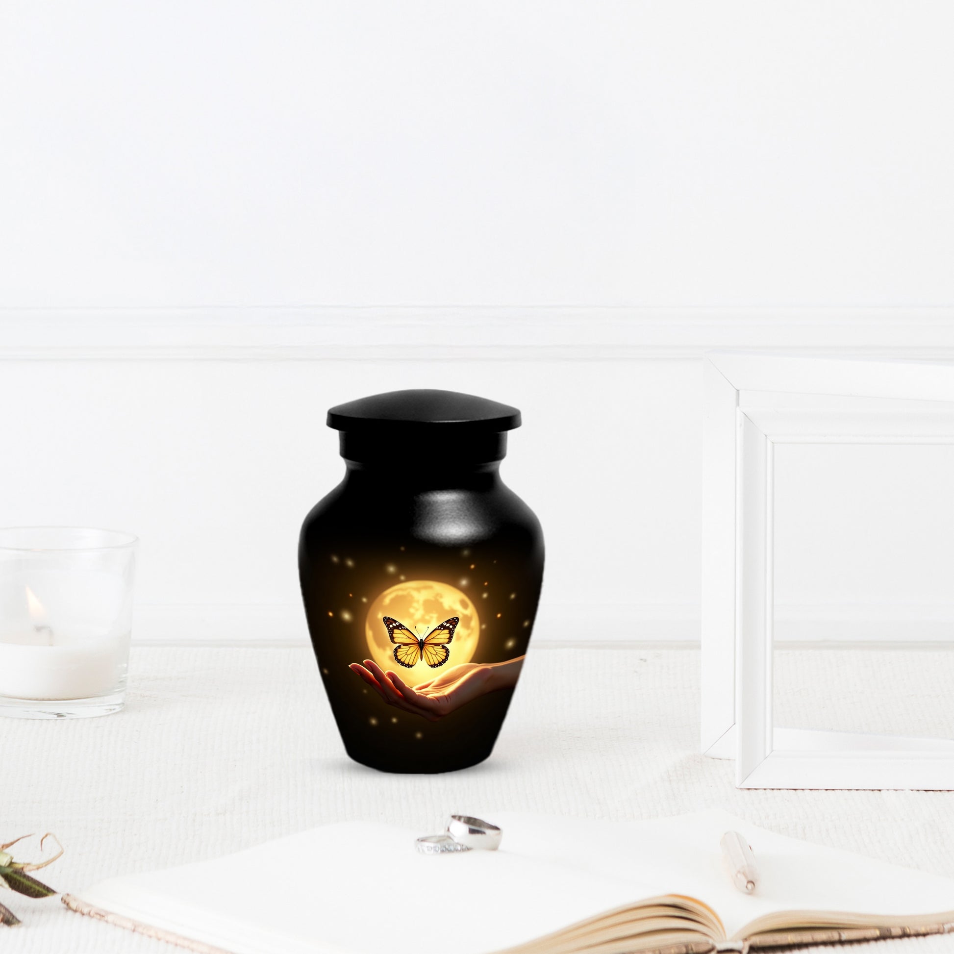 Yellow Butterfly Urn With Personalization, Moon Urn For Ashes, Decorative Keepsake