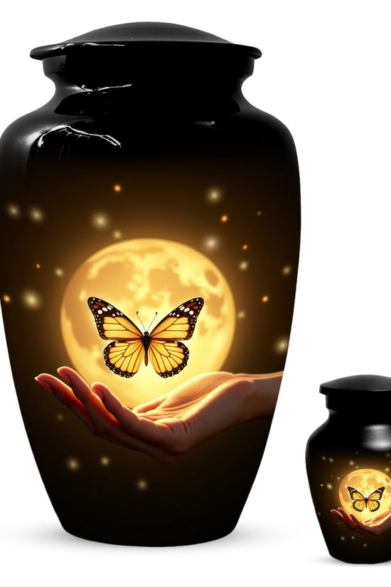 Yellow Butterfly Urn With Personalization, Moon Urn For Ashes, Decorative Keepsake
