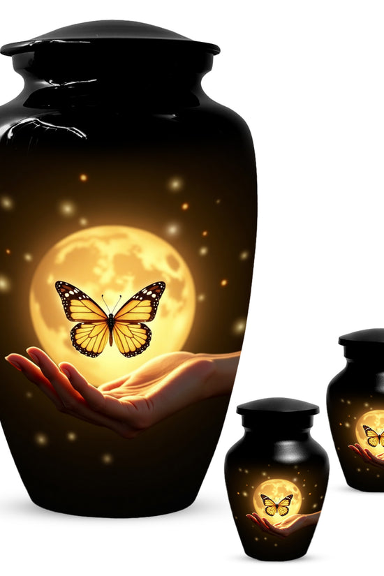 Yellow Butterfly Urn With Personalization, Moon Urn For Ashes, Decorative Keepsake