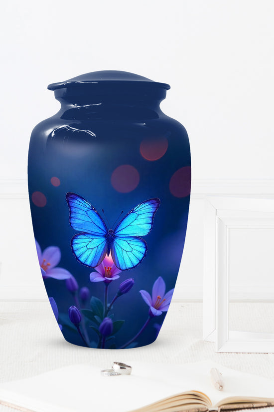 Blue Butterfly Large Urn for Ashes for Women – Handcrafted Large Cremation Urn