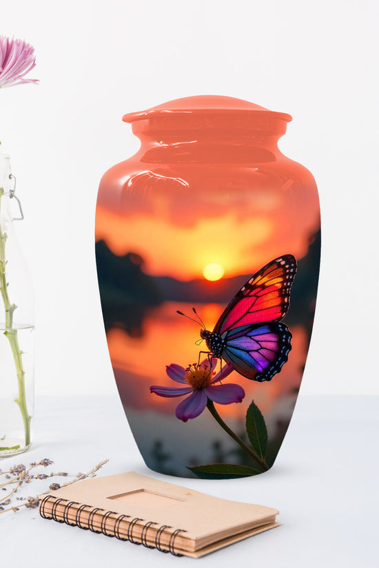 Butterfly Sunset Cremation Urn, Aluminum Memorial Keepsake Urns