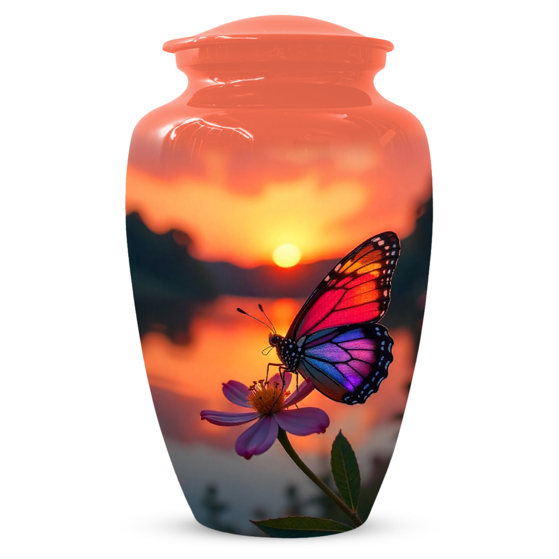 Butterfly Sunset Cremation Urn, Aluminum Memorial Keepsake Urns