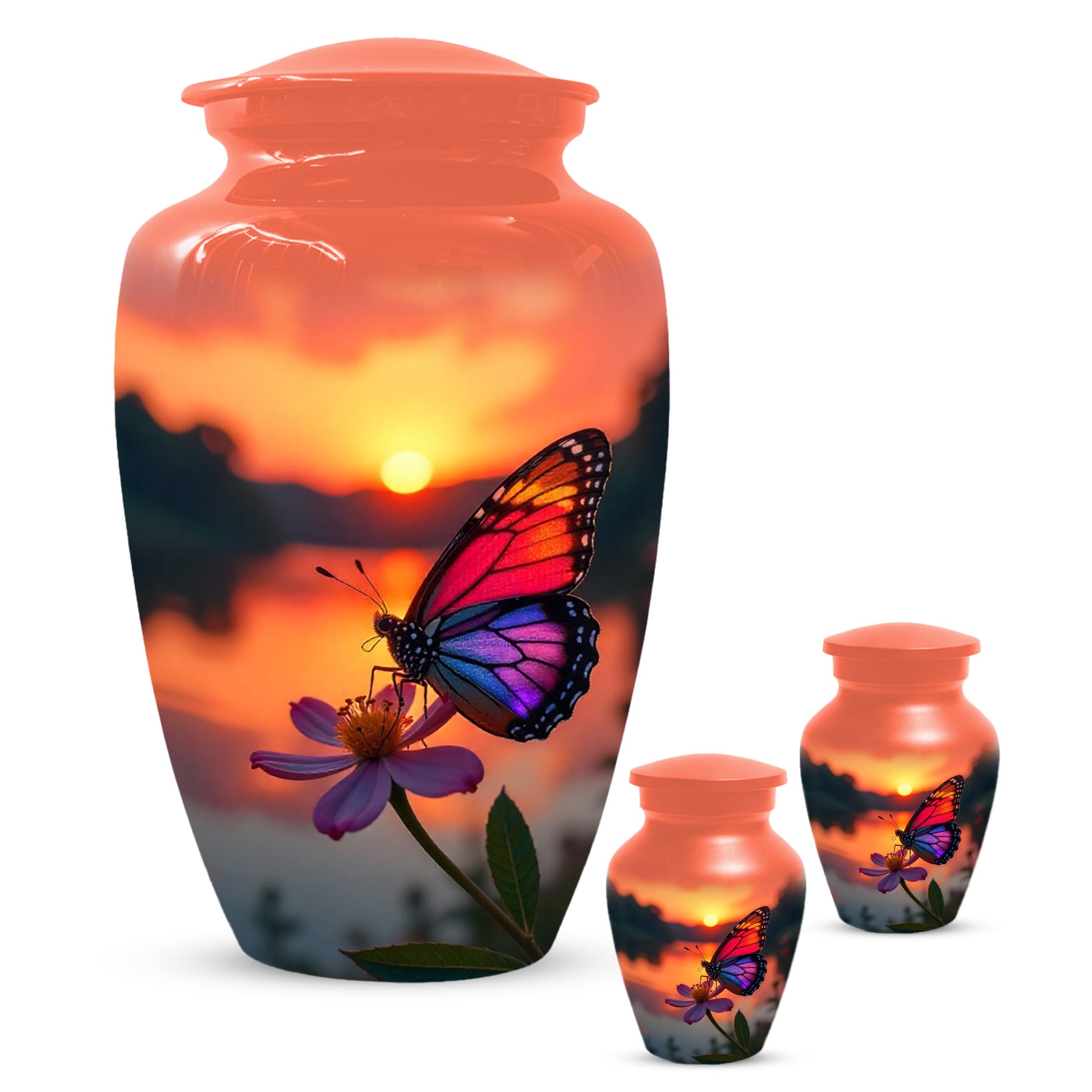 Butterfly Sunset Cremation Urn, Aluminum Memorial Keepsake Urns