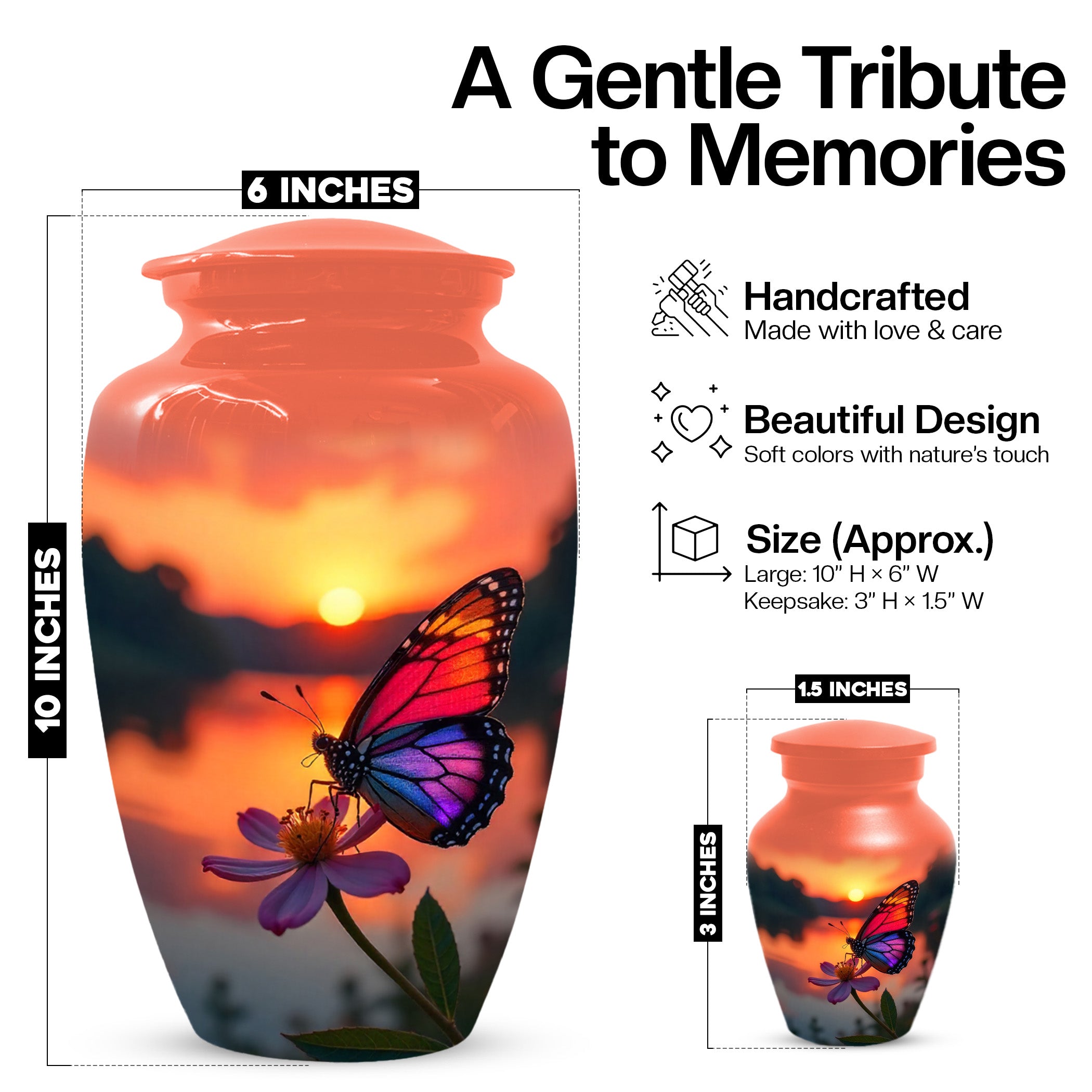 Butterfly Sunset Cremation Urn, Aluminum Memorial Keepsake Urns