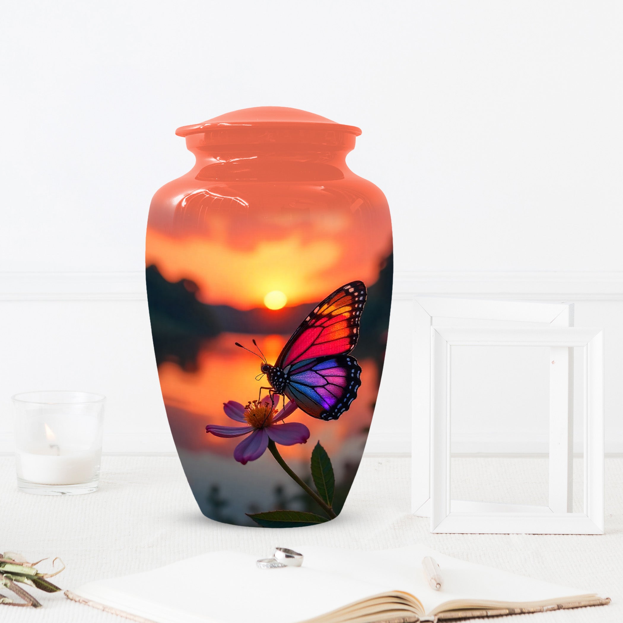 Butterfly Sunset Cremation Urn, Aluminum Memorial Keepsake Urns