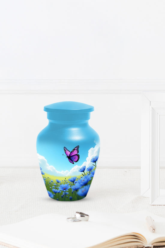 Butterfly Urn for Women Ashes, Blue Aluminum, Memorial Keepsake Urns