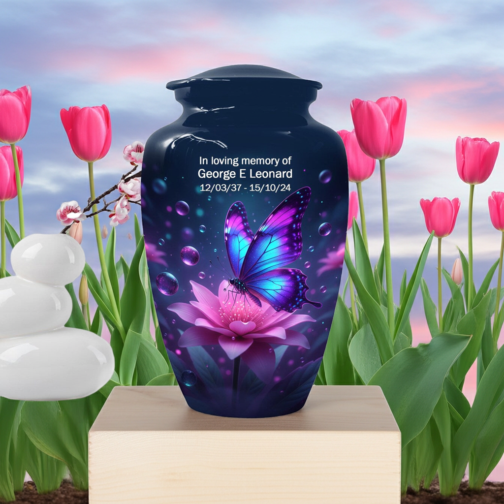 Memorial urn with butterfly and flower design in a garden setting
