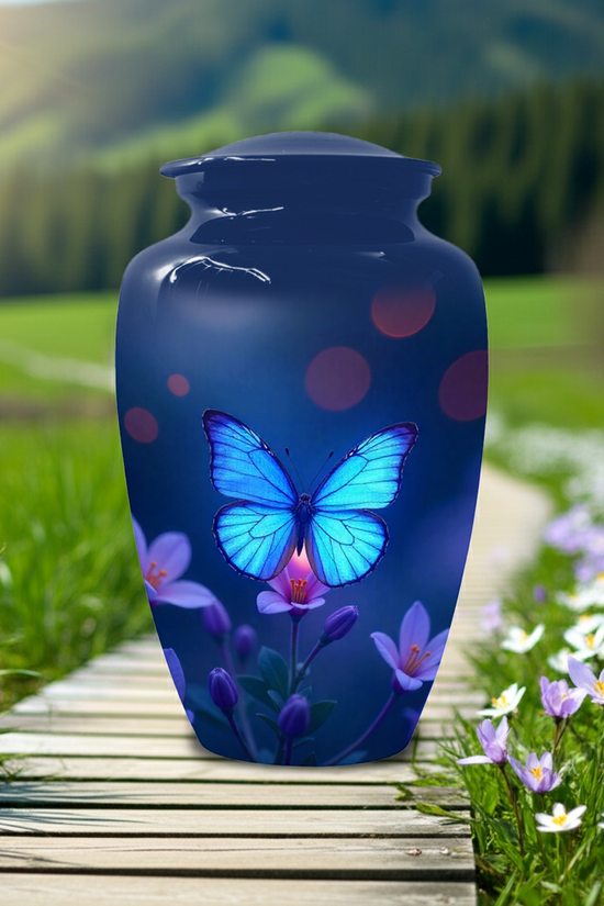 Blue Butterfly Large Urn for Ashes for Women – Handcrafted Large Cremation Urn