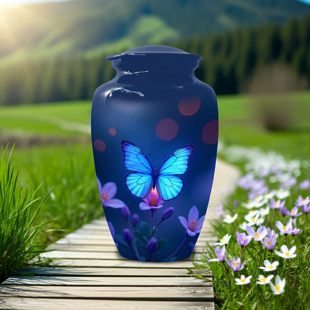 Blue Butterfly Large Urn for Ashes for Women – Handcrafted Large Cremation Urn