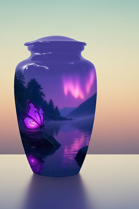 Butterfly Personalized Urn for Human Ashes, Purple Northern Lights Urns, Aurora Borealis Keepsake