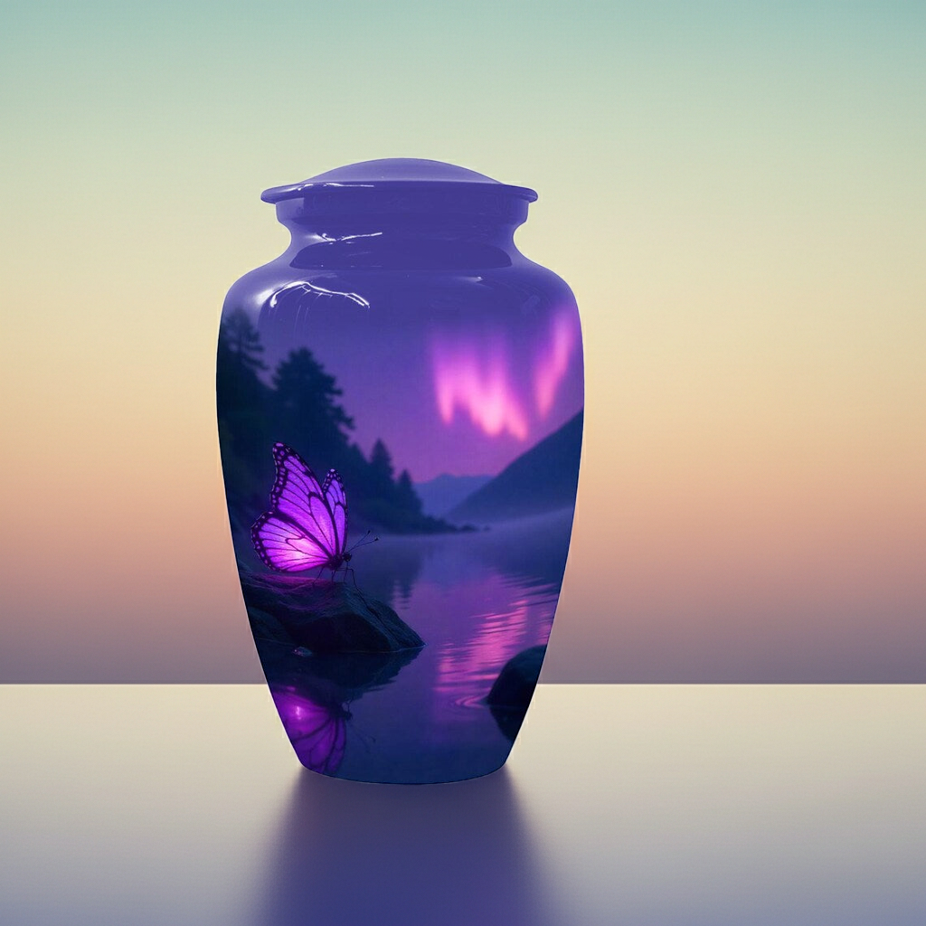 Butterfly Personalized Urn for Human Ashes, Purple Northern Lights Urns, Aurora Borealis Keepsake