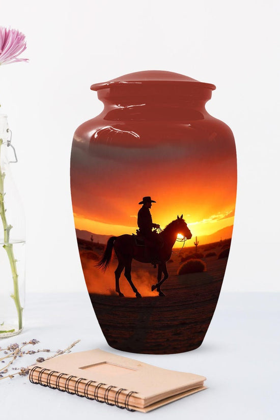 Peronalized Cowboy Urn For Ashes, Sunset Silhouette Urn
