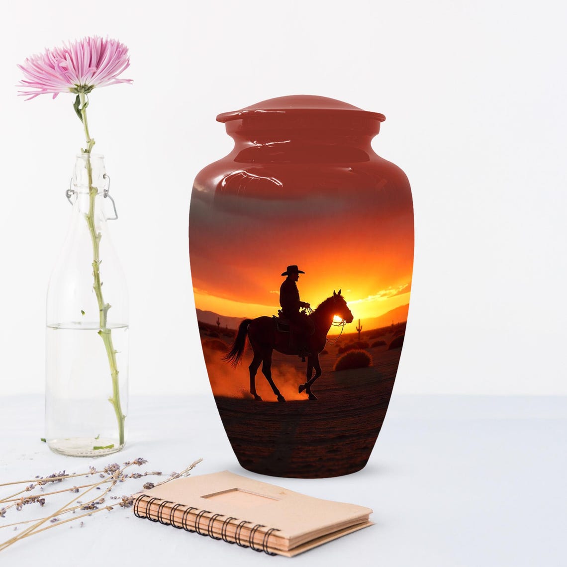 Peronalized Cowboy Urn For Ashes, Sunset Silhouette Urn
