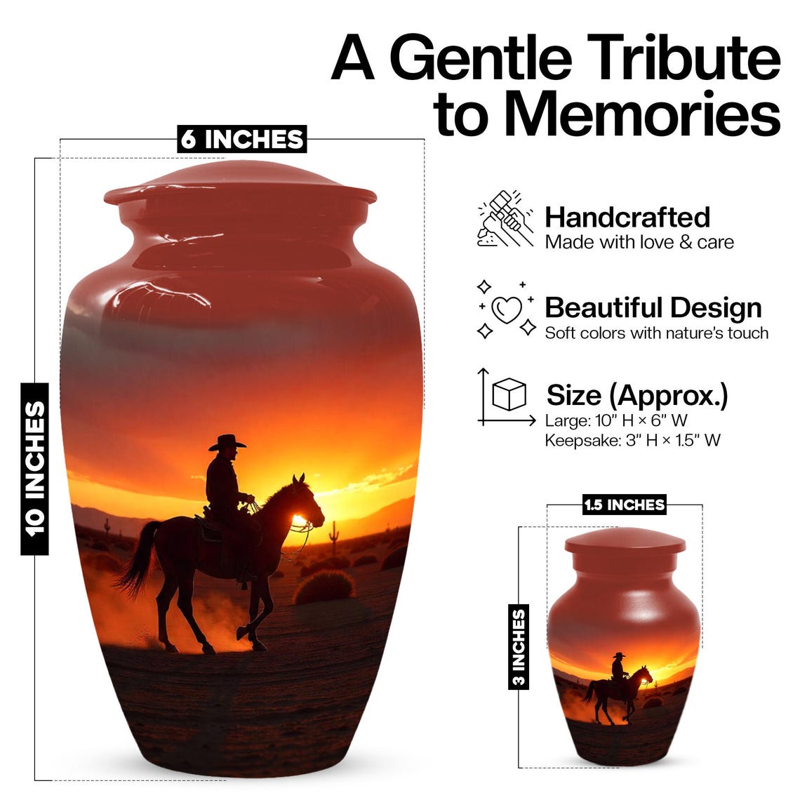 Peronalized Cowboy Urn For Ashes, Sunset Silhouette Urn
