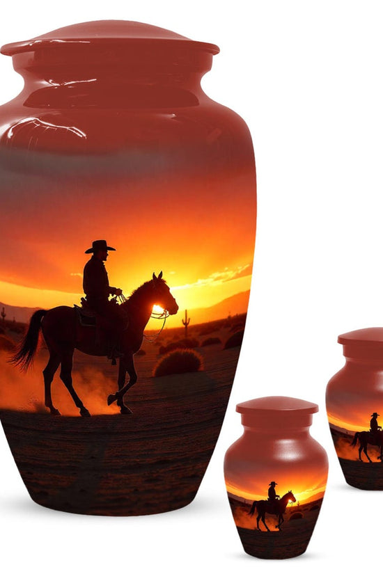 Peronalized Cowboy Urn For Ashes, Sunset Silhouette Urn
