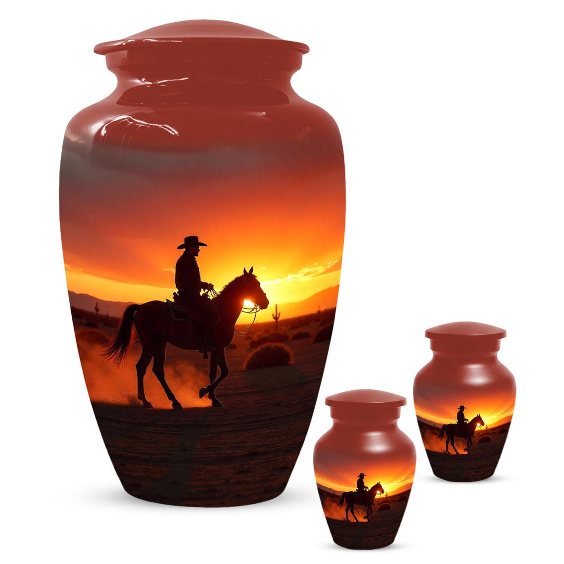 Peronalized Cowboy Urn For Ashes, Sunset Silhouette Urn
