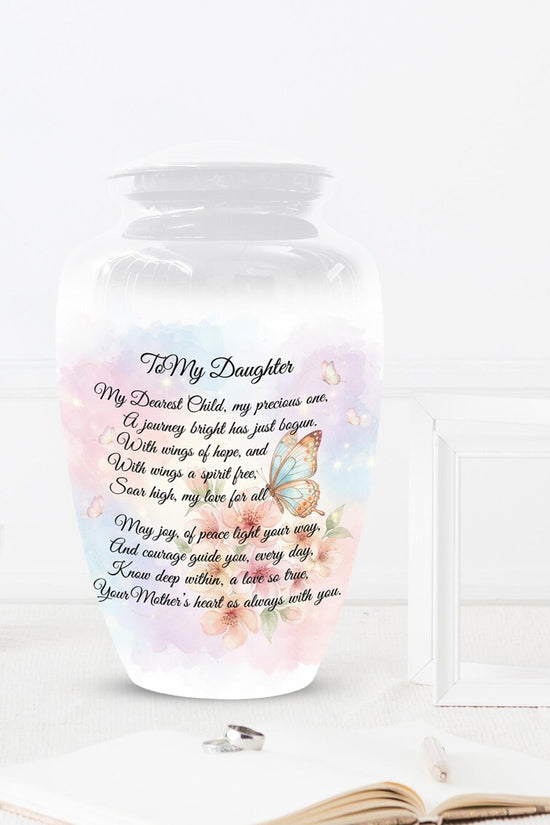 Daughter Poem With Butterfly Cremation Urn - White Customized Urns For Cremains