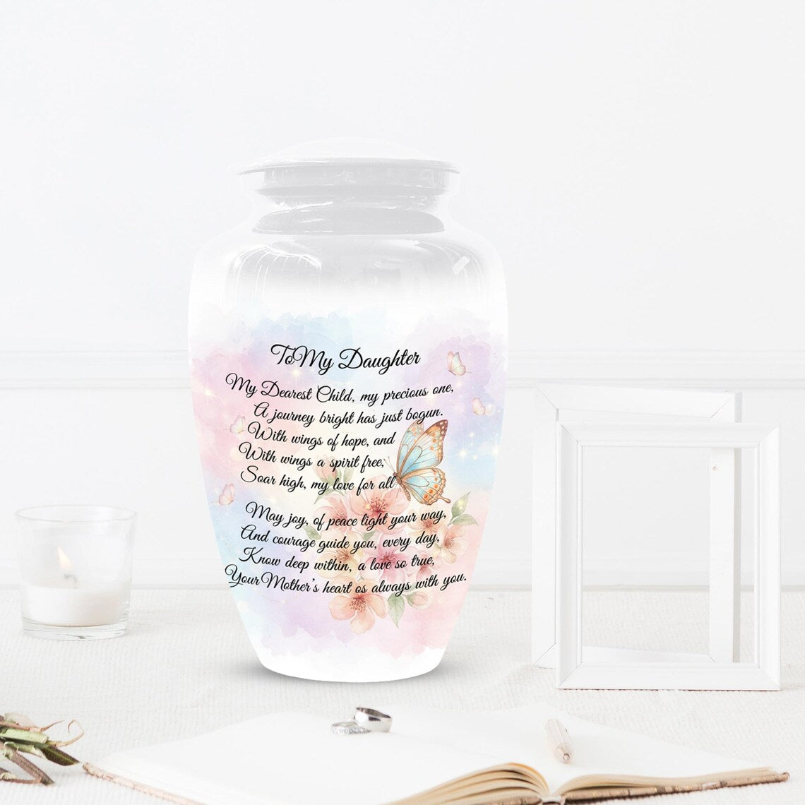 Daughter Poem With Butterfly Cremation Urn - White Customized Urns For Cremains