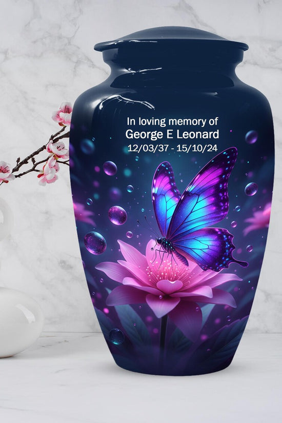 Blue Butterfly Personalized Urn For Ashes - Pink Lotus Cremation Urns | Keepsake & Large