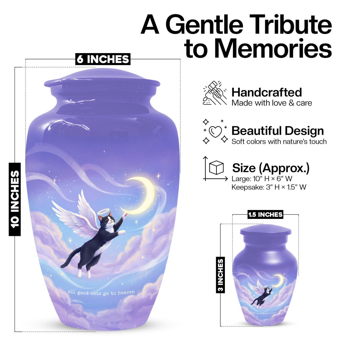 Purple Cat Cremation Urn For Ashes | Handmade Black Tuxedo Keepsake Urns For Pets
