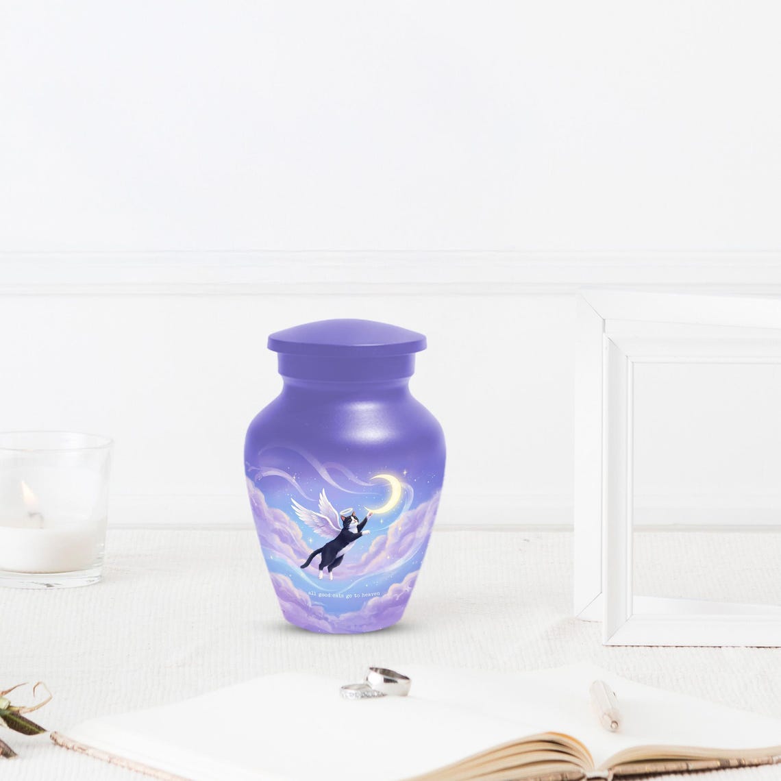 Purple Cat Cremation Urn For Ashes | Handmade Black Tuxedo Keepsake Urns For Pets
