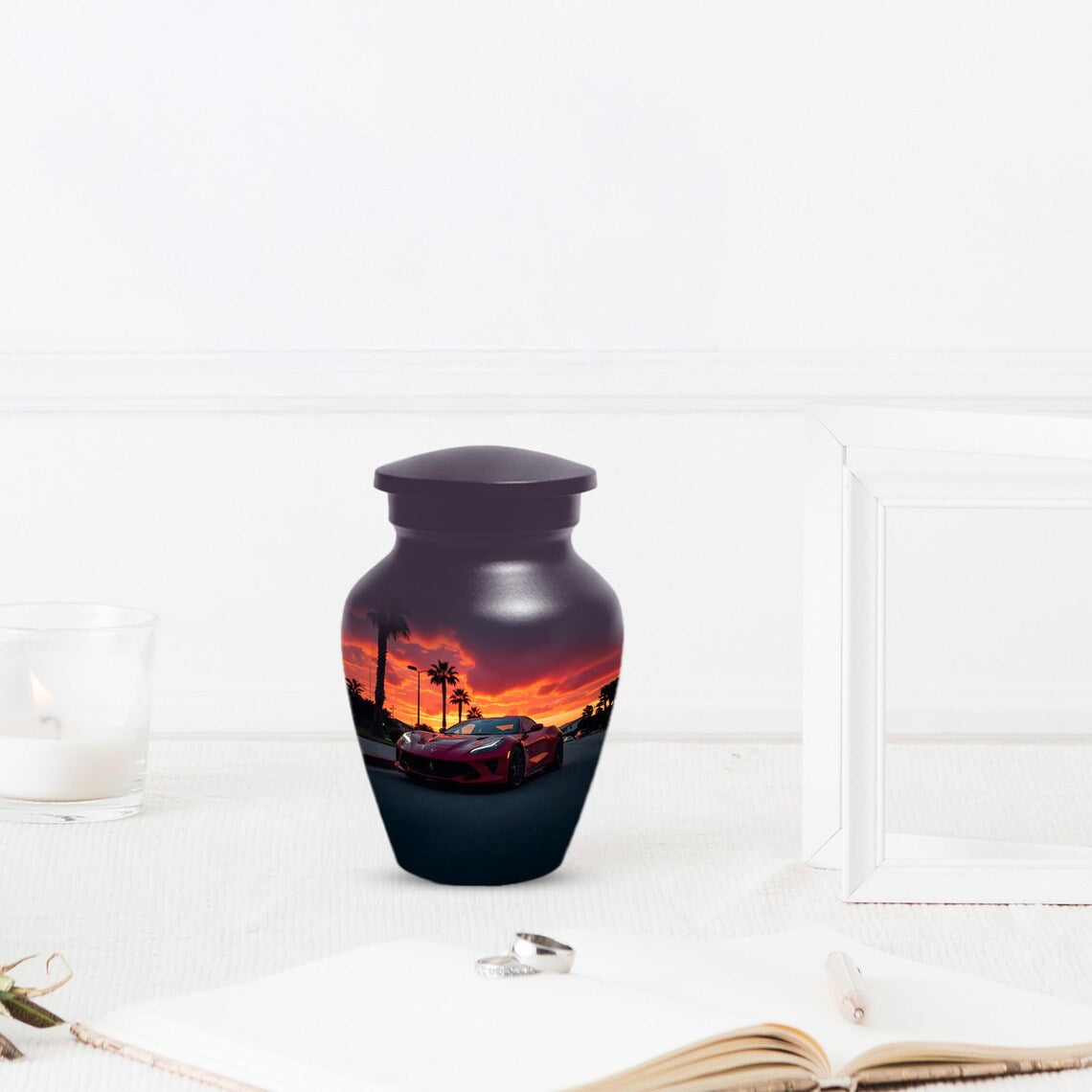 Red Car Urn For Human Ashes | Beach Sunset Urns For Male & Female
