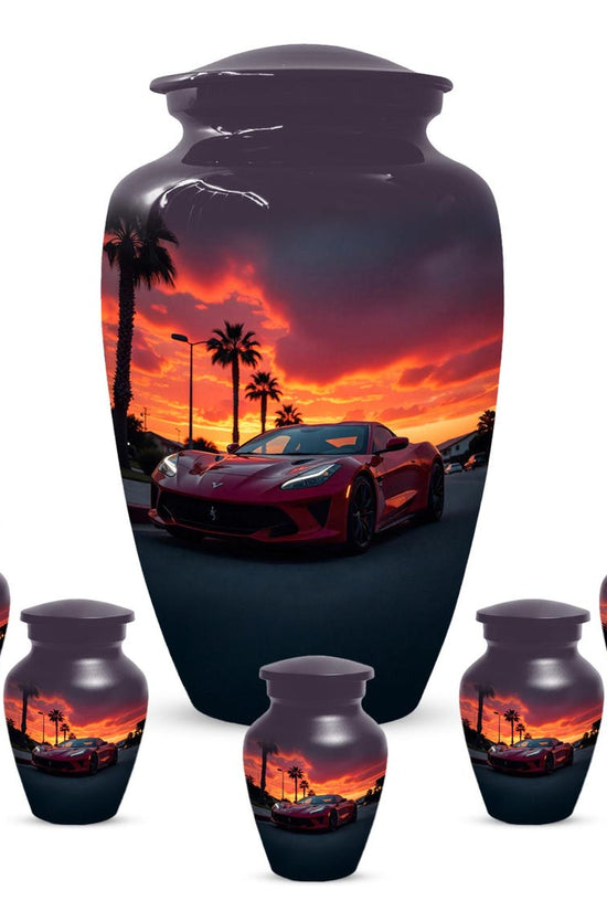 Red Car Urn For Human Ashes | Beach Sunset Urns For Male & Female
