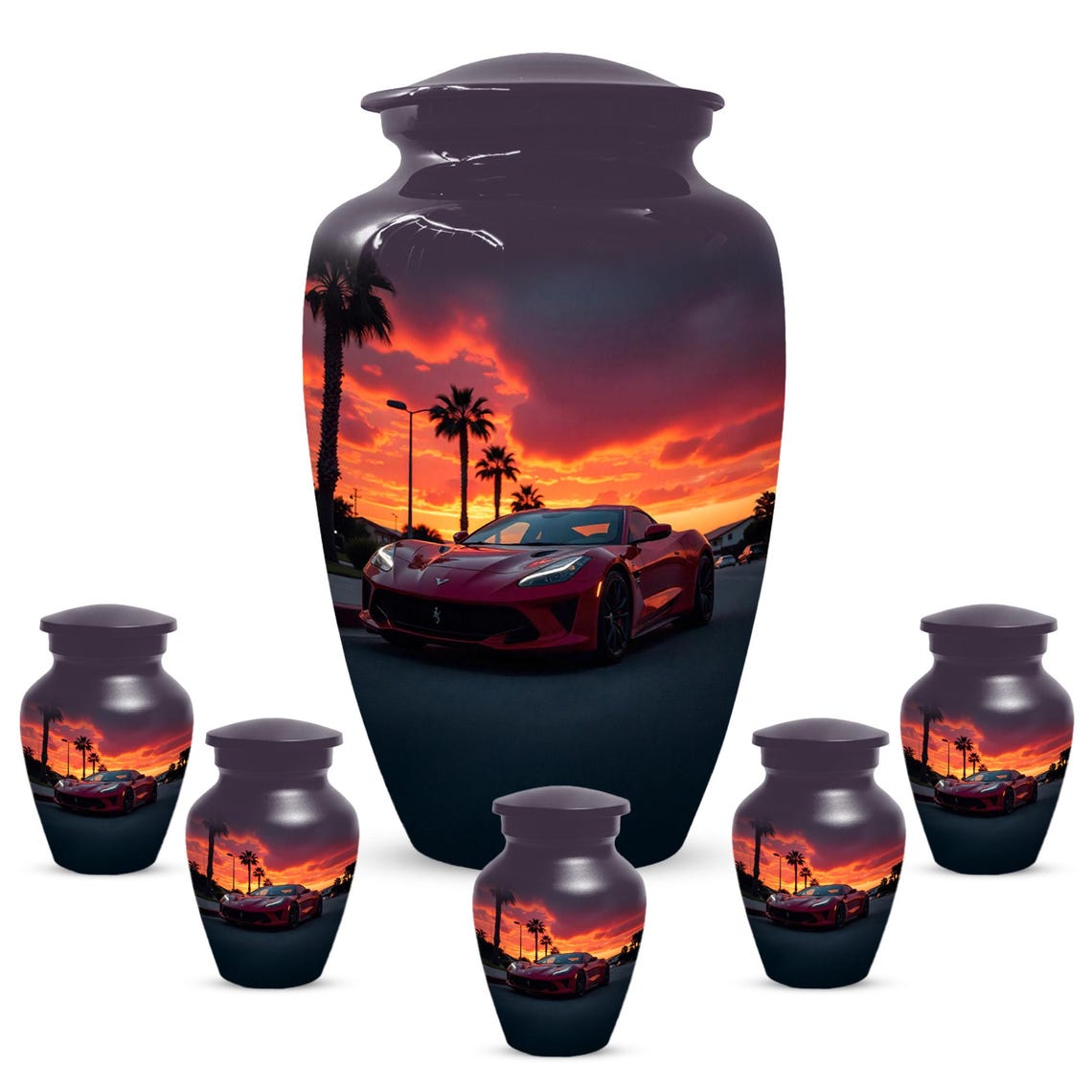 Red Car Urn For Human Ashes | Beach Sunset Urns For Male & Female
