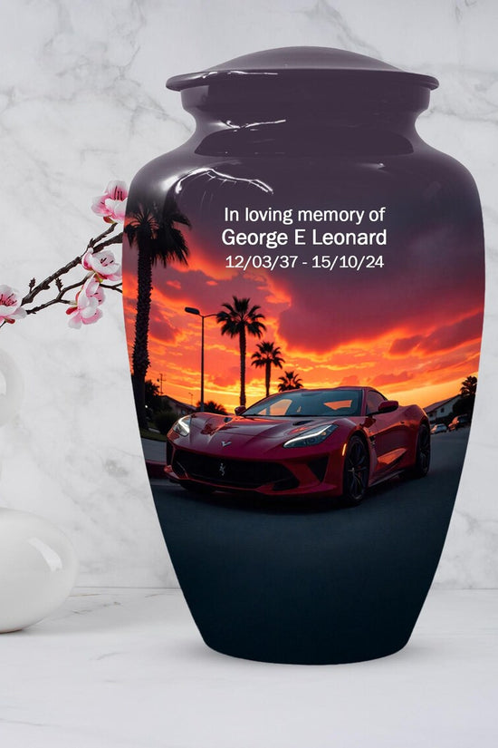 Red Car Urn For Human Ashes | Beach Sunset Urns For Male & Female
