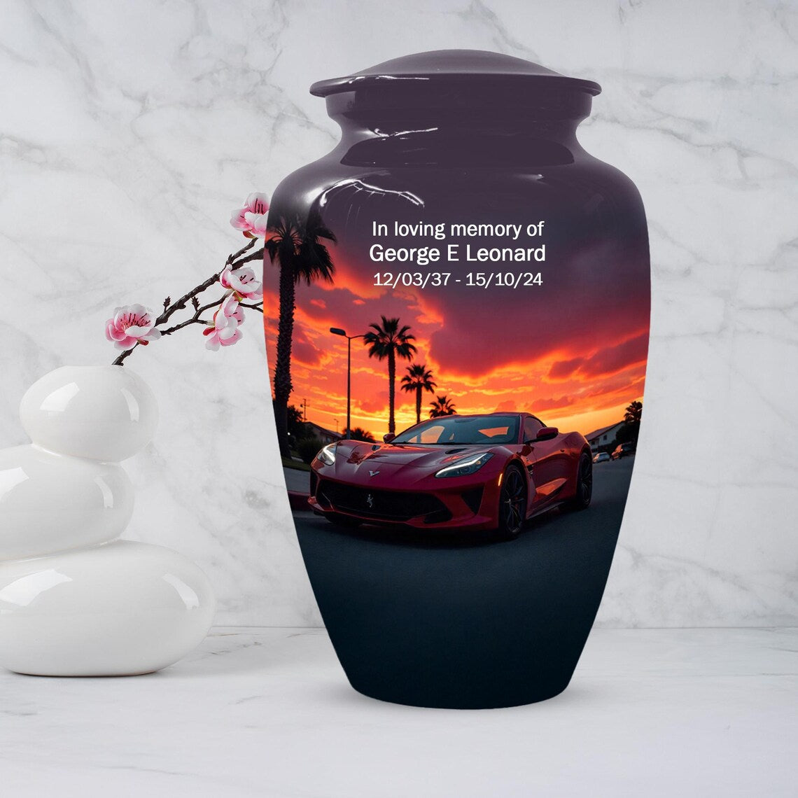 Red Car Urn For Human Ashes | Beach Sunset Urns For Male & Female
