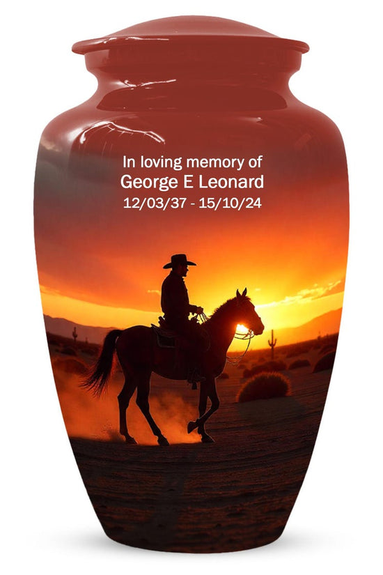 Peronalized Cowboy Urn For Ashes, Sunset Silhouette Urn
