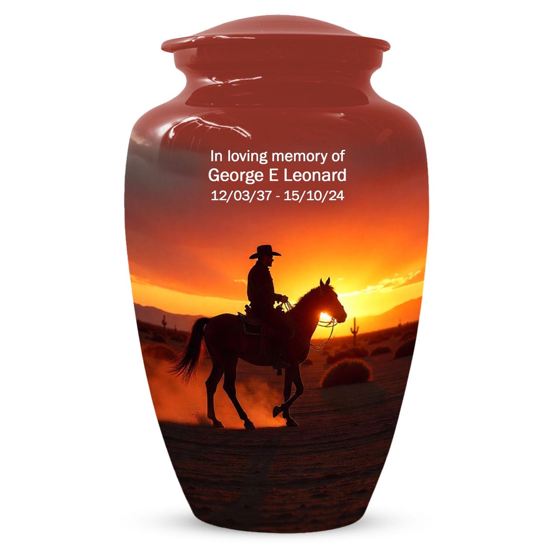 Peronalized Cowboy Urn For Ashes, Sunset Silhouette Urn
