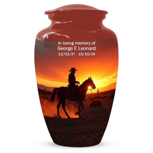 Peronalized Cowboy Urn For Ashes, Sunset Silhouette Urn
