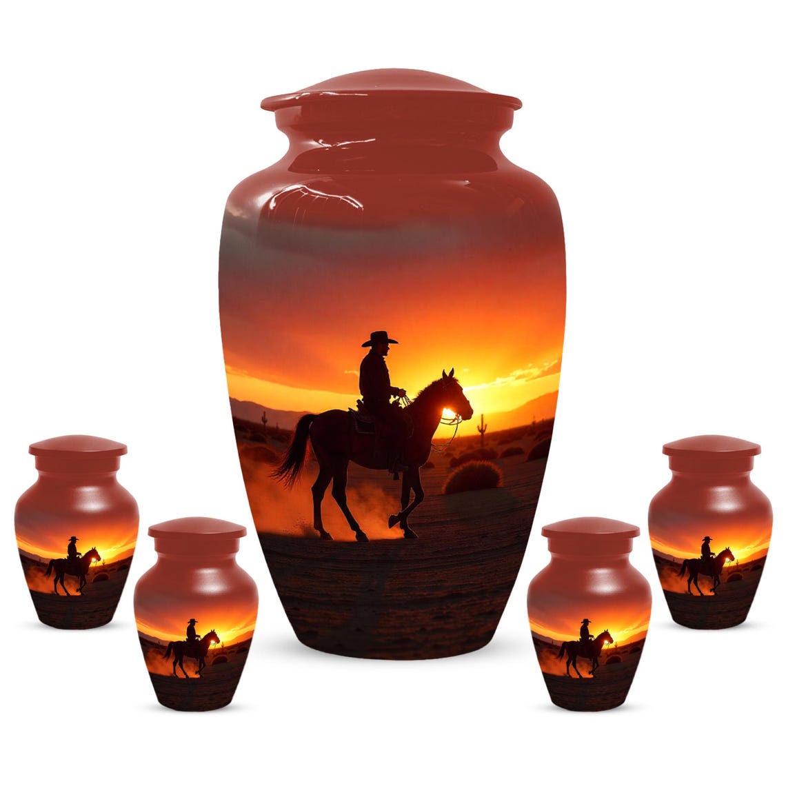 Peronalized Cowboy Urn For Ashes, Sunset Silhouette Urn
