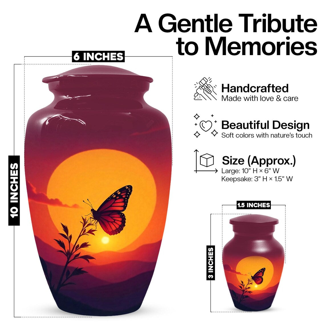 Butterfly Cremation Urns, Orange Sunset Urn For Mom