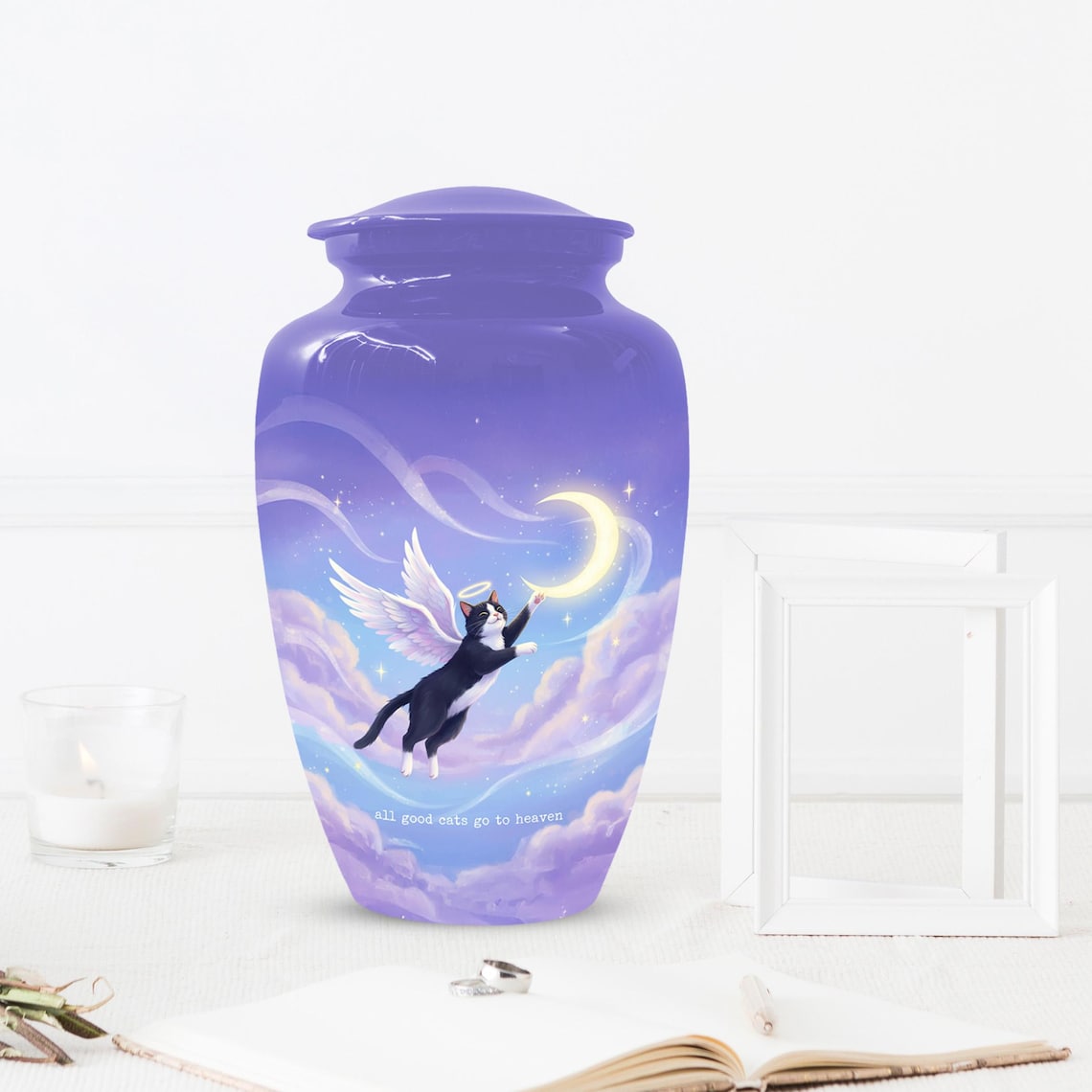 Purple Cat Cremation Urn For Ashes | Handmade Black Tuxedo Keepsake Urns For Pets
