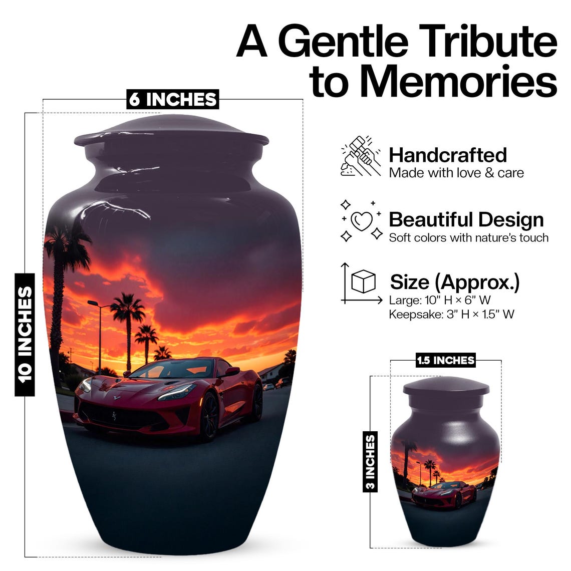 Red Car Urn For Human Ashes | Beach Sunset Urns For Male & Female
