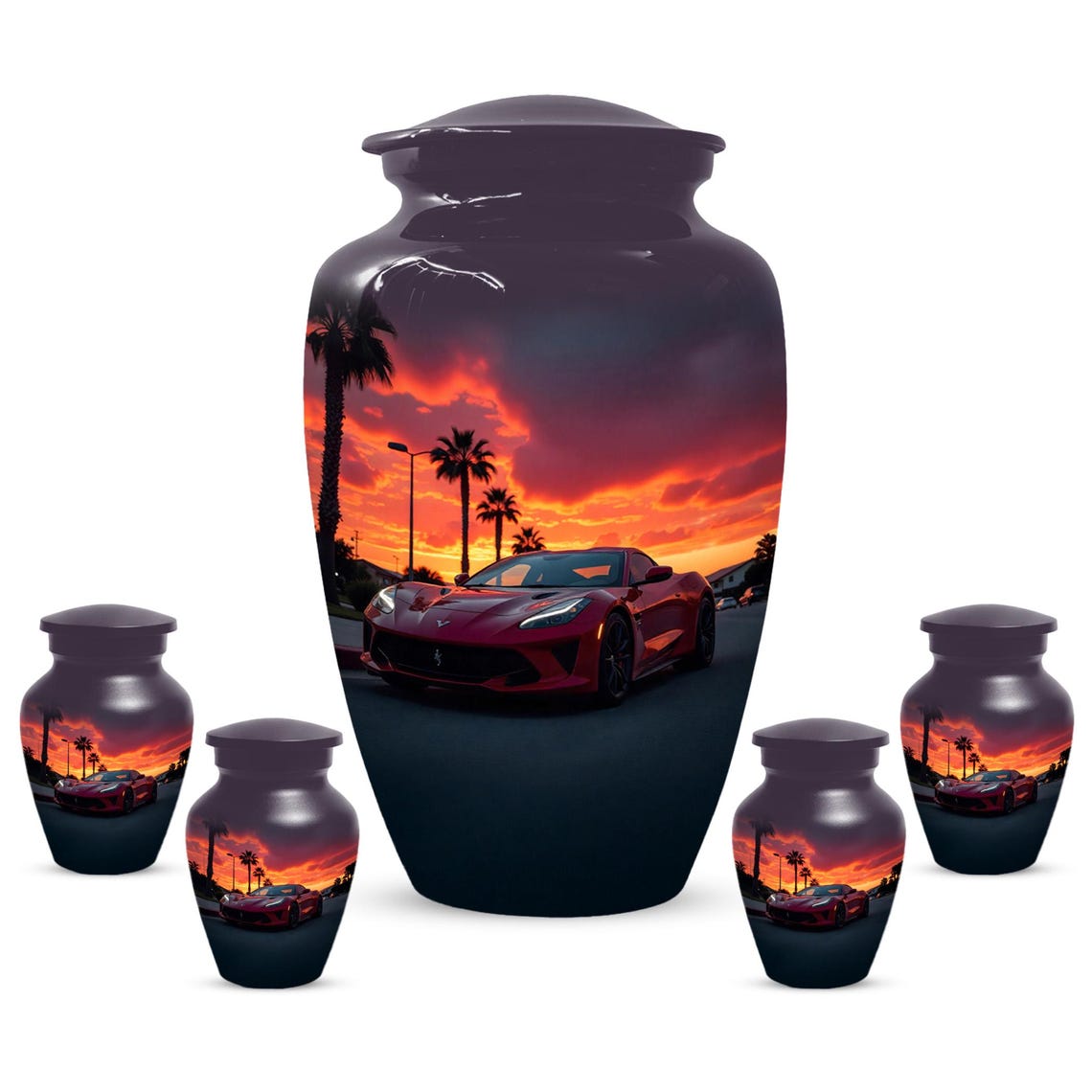 Red Car Urn For Human Ashes | Beach Sunset Urns For Male & Female
