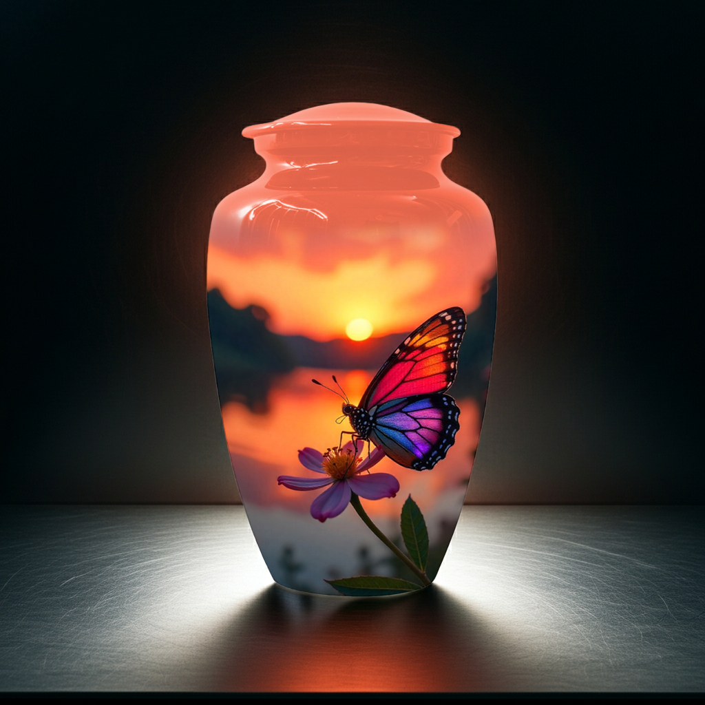 Butterfly Sunset Cremation Urn, Aluminum Memorial Keepsake Urns