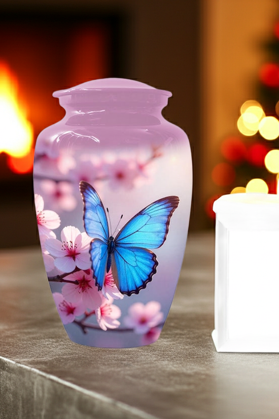Blue Butterfly Urns For Human Ashes, Personalized Urn For Mom, Handcrafted Artistic Keepsake
